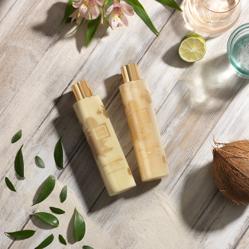 Guava & Gold shampoo and conditioner with fruit and flowers