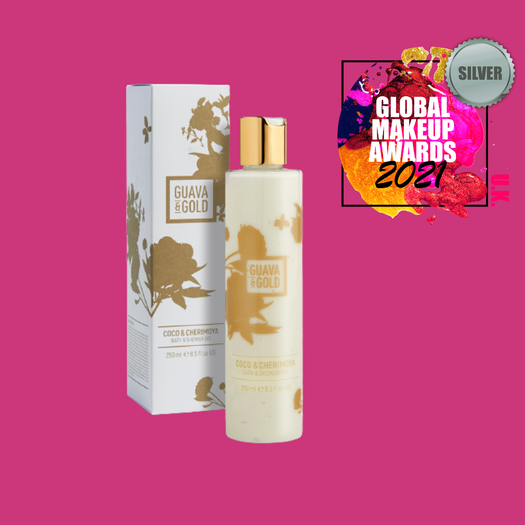 Guava & Gold shower gel and silver awards logo 