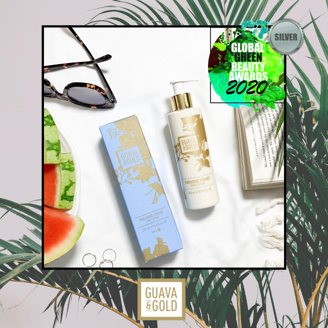 Body lotion with sunglasses, book and silver award winner logo